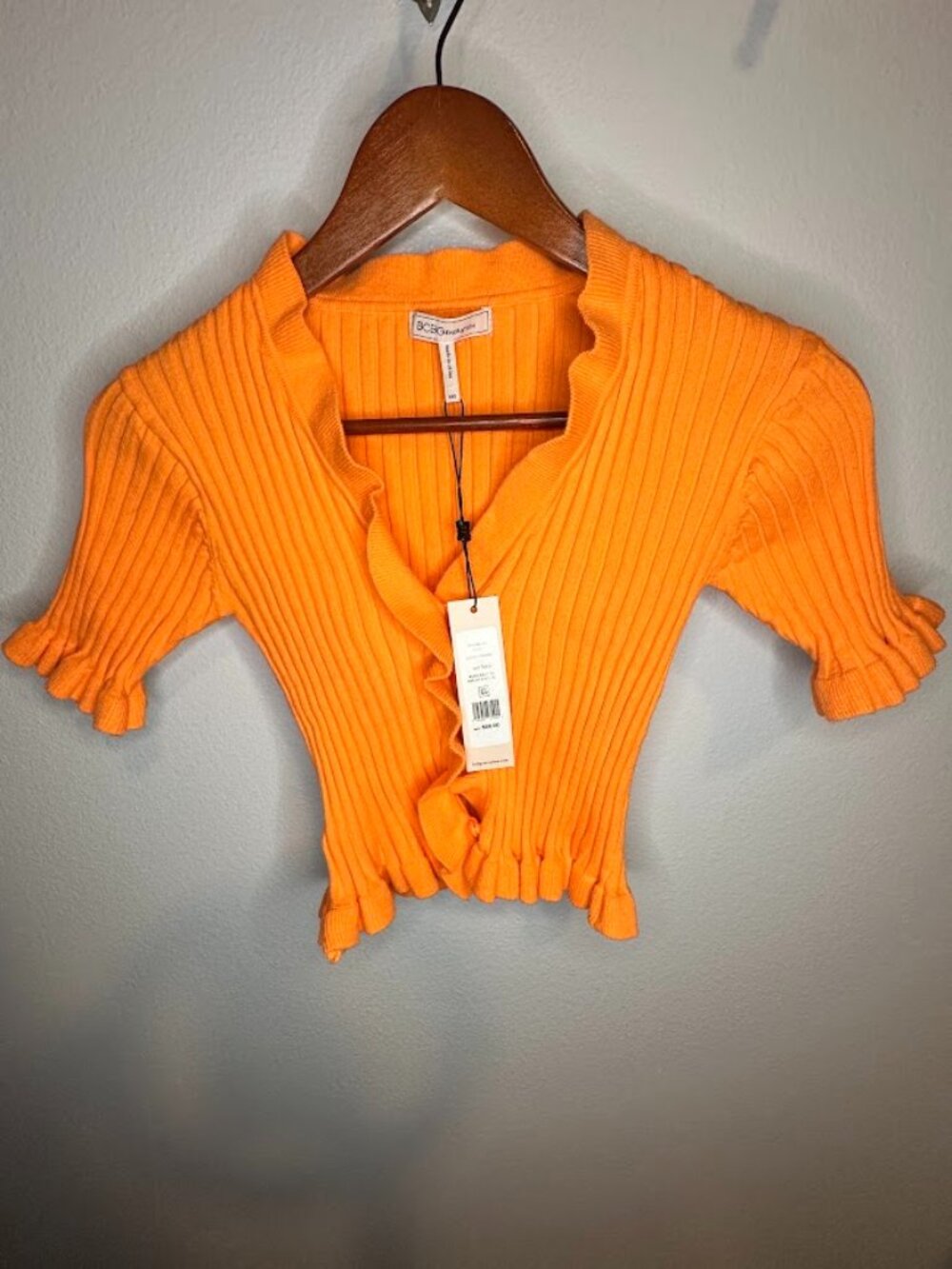 NWT BCBGeneration Tangerine Orange Ribbed Ruffle Button Front Cardigan Top XXS